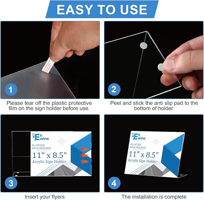 EHWINE 6 Pack 8.5 x 11 Acrylic Sign Holder Horizontal, Clear Plastic Signs Display Stand, Slanted Back Paper Holder Stand up Table Top Sign Holders Flyer Stand Frames for Office Business Store