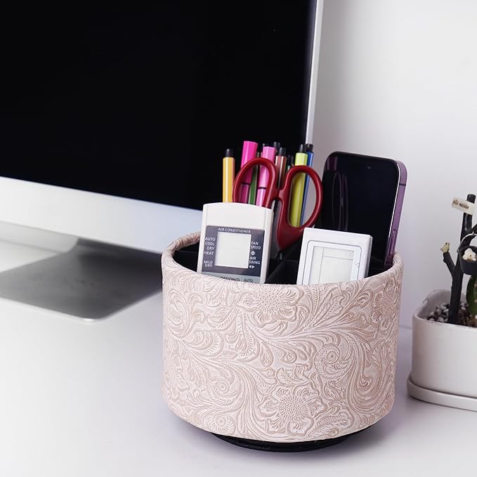 lizimandu Round Leather Art Supply Organizer,Remote Control Holder,360 Degree Spinning,Multi-Functional Pencil Holder,4 Compartments Desktop Stationary Organizer(1-Carved White)