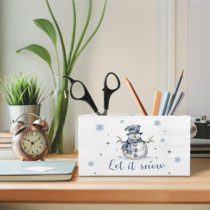 Chinoiserie Christmas Snowman Pen Holder for Desk, Winter Snowman Wooden Box Sign Desk Decor for Home Office Decoration, Grandmillennial Christmas Pencil Organizer