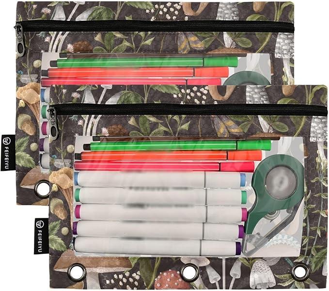 ZAZYXTJ Mushroom Binder Pencil Pouchs 3 Ring with Zipper Clear Window Office Organizers bag for School Students Teacher Supplies 2 Pack