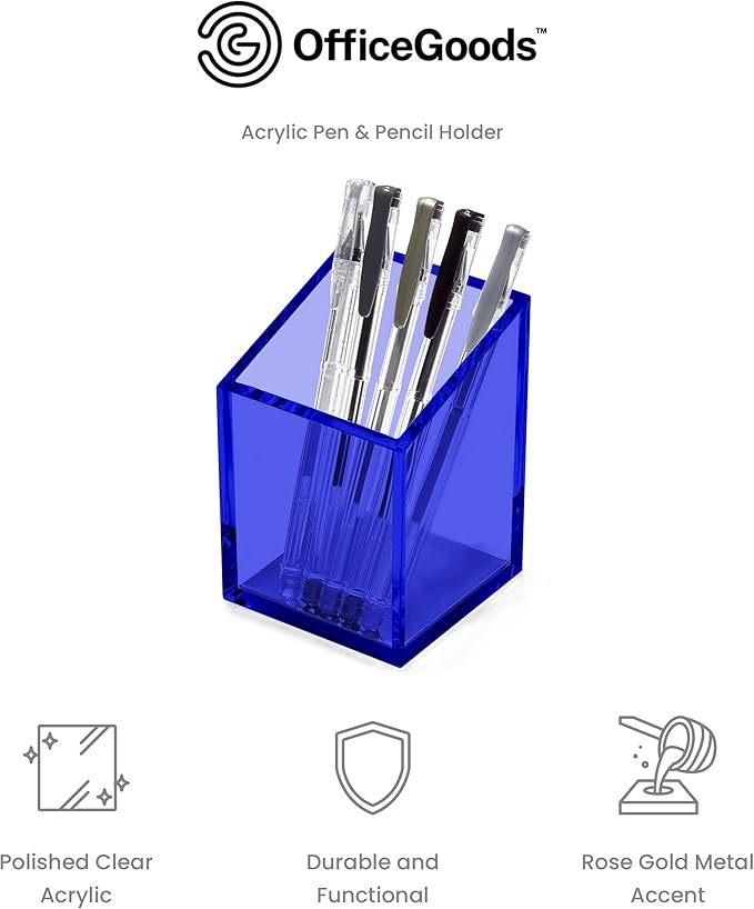 OfficeGoods Acrylic Pen & Pencil Holder - Modern Trapezoid Design - Beautiful Desk Organizer for Home or Office - Contrasting Metal Base - 3" Square w/ 3.5" Front & 4.5" Back - Blue
