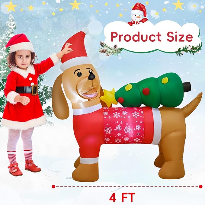 4FT Christmas Inflatables Puppy Decoration, Christmas Blow up Dog with Built-in LEDs, Xmas Blow up Decoration for Indoor Outdoor Yard Garden Party Lawn Home Holiday Decor