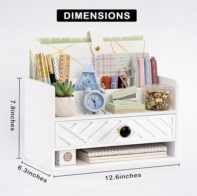 white Wood Desk Organizer and Accessories with Drawer, Bill Mail Organizer and File Mail Holder for Office Supplies, Desk Accessories & Workspace Organizers for Desk Organization