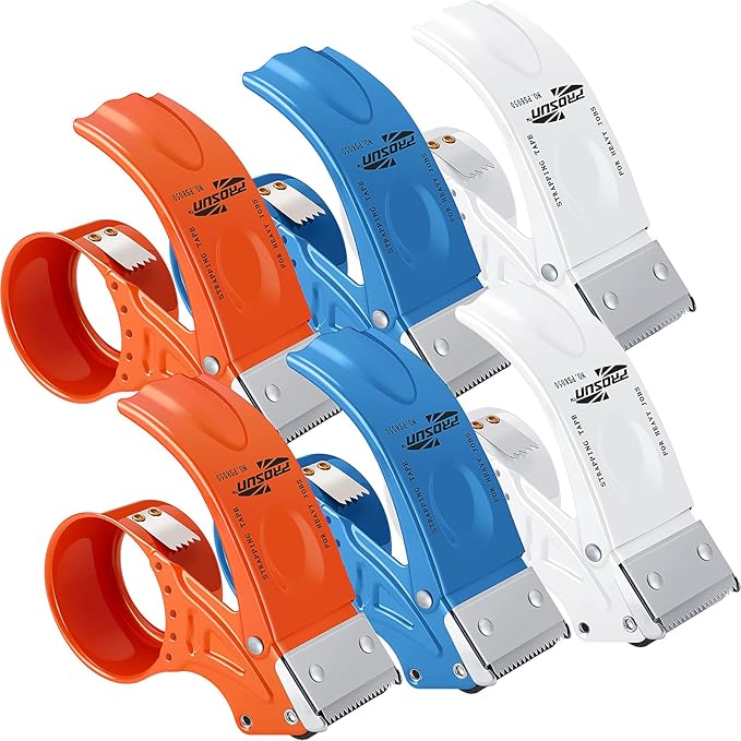 6 Pcs 2 Inch Packing Tape Dispenser Gun Heavy Duty Metal Tape Gun for Packing Boxes Wide Tape Gun for Handheld Sealing Cutter Warehouse Tools, White, Orange, Blue