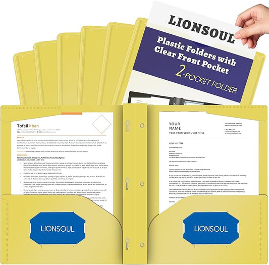 Pastel Plastic File Folders with Pockets and Prongs, 7 Pack, A4 Letter Size, Heavy Duty Waterproof Office Folders with Clear Front Cover for School, Home, and Office (Yellow)