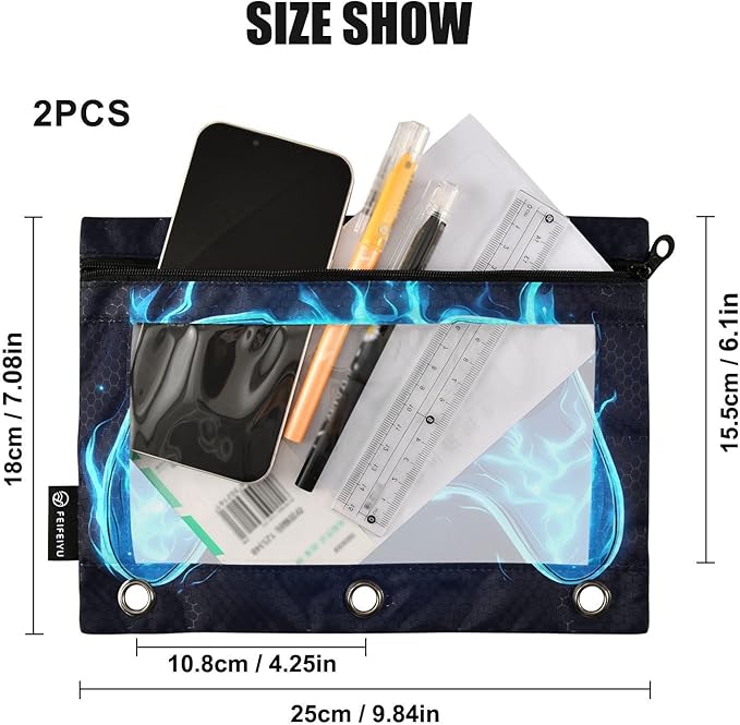 Joystick Gamepad Blue Flame Pencil Pouch for 3 Ring Binder, 2 Pack Waterproof Pencil Bags Clear Window Zipper School Office Supplies