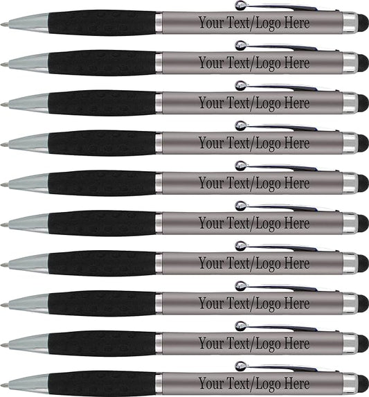Personalized Pens With your Custom Logo or Text-300 Pack Bulk-for Businesses, Parties, and Events, 2 in 1 Ballpoint Pen & Stylus Compatible with Touchscreen Devices, Grey Barrel, Black Ink