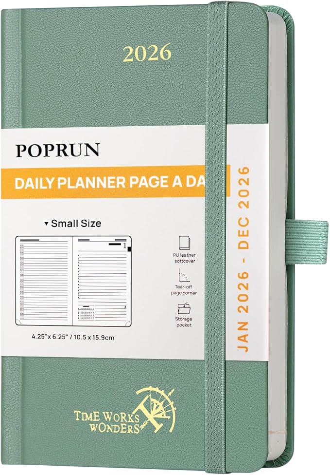 POPRUN 2026 Daily Planner One Page Per Day A6 Size Calendar (4.25" x 6.25") - 12 Months Hourly Appointment Book with Hardcover, Monthly Tabs, Pocket, Pen Holder - Midnight Green