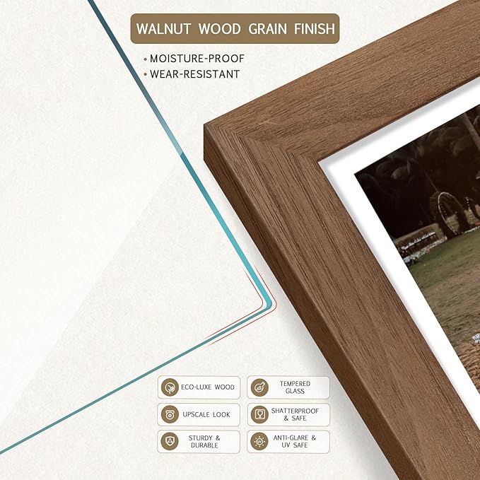 5x7 Picture Frame 4 Pack, Walnut Wood, Brown Photo Frame, HD Tempered Glass, for Table Top and Wall Display