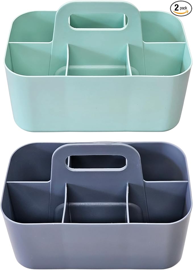 2 Pack Small 6 Compartment Multiuse Caddy Organizer with Handle Art Craft Supplies, Office, Desk, Stationery Pen Holder Stackable- Made In USA (Mint/Gray)