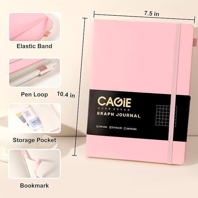 CAGIE Graph Notebook 320 Pages 100 GSM Paper Graphing Grid Journal B5 Hardcover Leather Quad Ruled Notebooks for Engineering, Math, Work, Pink