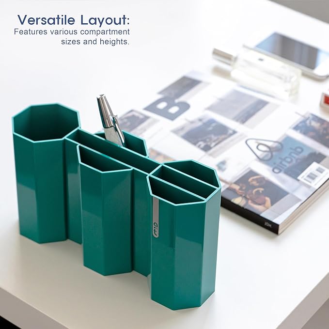 AonT Design Small Desk Organizer - Green Pen Tray & Holder (Multi-Compartment) (Made in Korea) – Modern Office Storage Supplies Organizer and Aesthetic Decor for Accessories