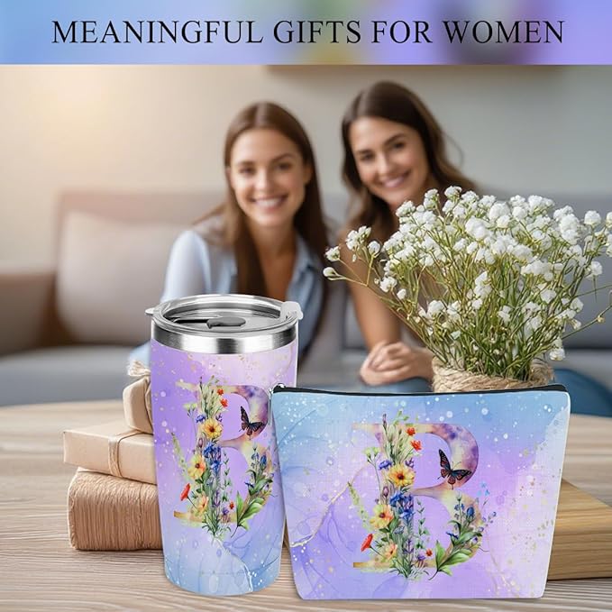 Personalized Gifts Monogrammed Birthday Gifts for Women, Cowerker Mom Boss Day Christmas Initial 20 oz Tumbler, Makeup Bag Cup Ballpoint Pens Journal Notebook 6 Set, (Aesthetic Purple Flower B)