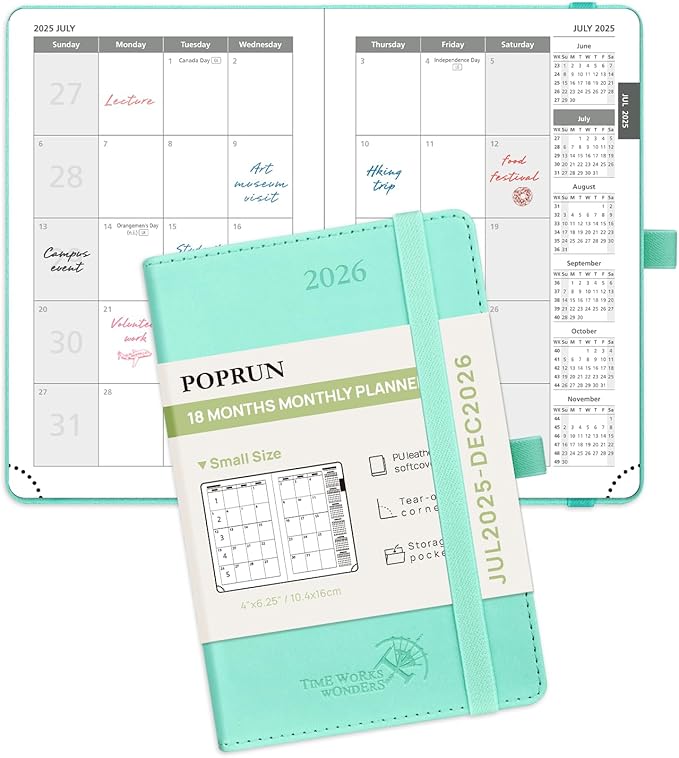 POPRUN Pocket Monthly Planner 2025-2026 (Pocket- 4''x 6.25''Soft Leather Cover) - 18 Month Calendar Book for Purse (Jul.2025-Dec.2026), 100 GSM Thick Paper - Green