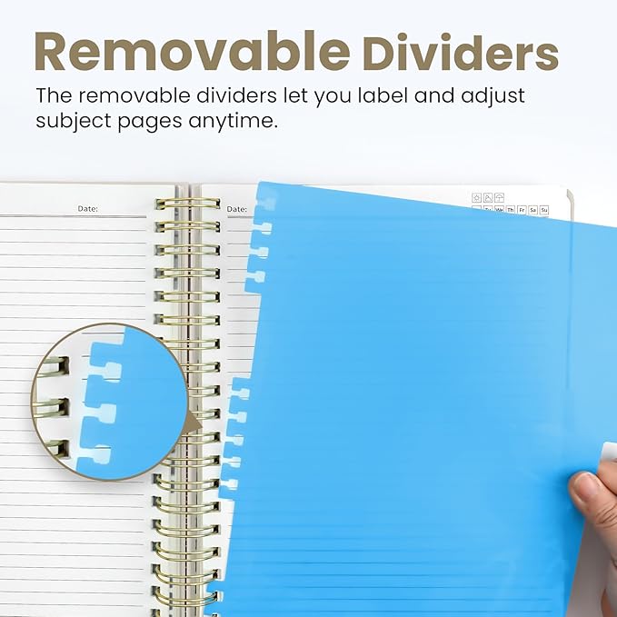 Hardcover Spiral Journal Notebooks for Work With Removable Dividers & Tabs, 8.5"x11" 5 Subject Notebook for Note Taking & Organizer, A4 College Ruled Lined Journal for Women & Writing, Grey Beige, 280 Pages