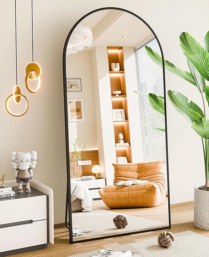 SUNQUEEN 71"×32" Mirror Full Length, Arched Full Length Mirror with Stand, Standing Floor Mirror Wall, Hanging or Leaning Large Full Body Mirrors for Bedroom Living Room (Black)
