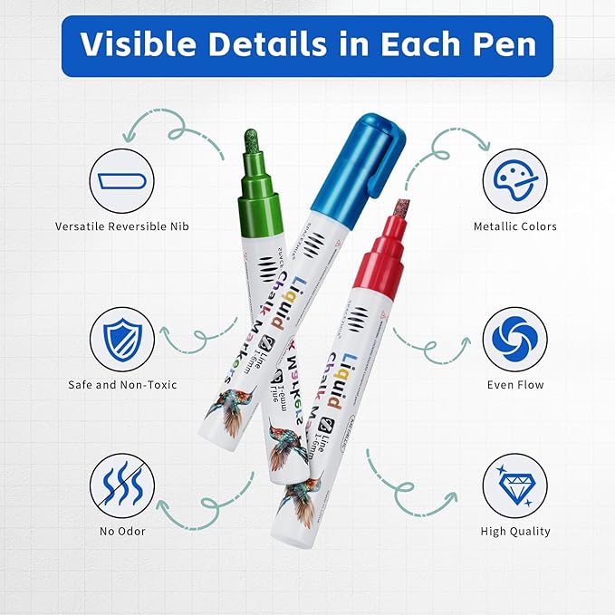 Chalk Markers for Blackboard 8 Metallic Colors, 6mm Reversible Bullet & Chisel Tips, Chalk Pens Wet & Dry Erasable Markers for Whiteboard, Chalkboard, Calendar, Windows, Glass, Signs