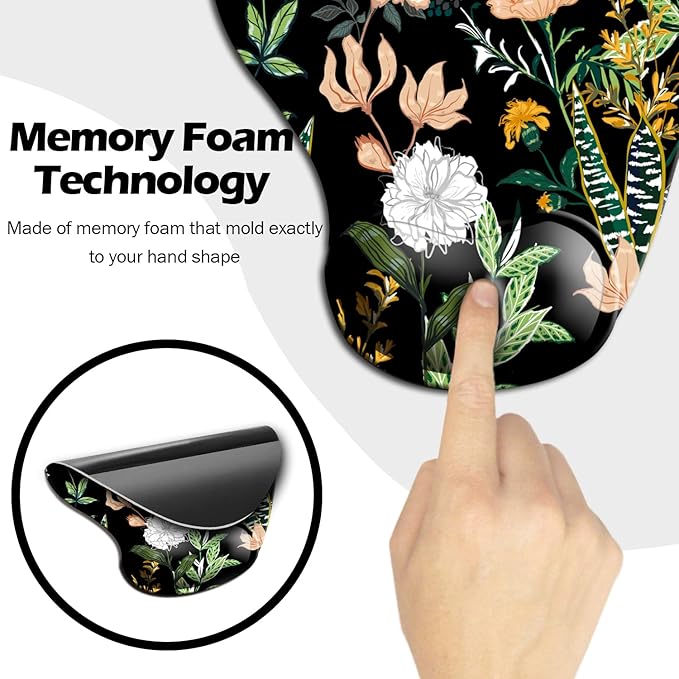 Dooke Ergonomic Mouse Pad with Wrist Support, Cute Mouse Pads with Non-Slip PU Base for Home Office Working Studying Easy Typing & Pain Relief Black Floral