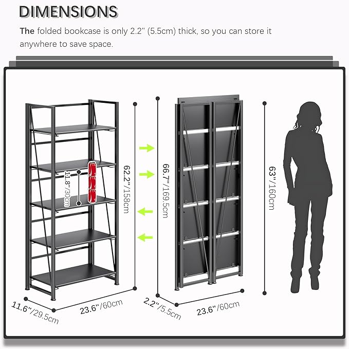 4NM No Assembly Folding Bookshelf, 5-Shelf 62.2" H Collapsible Foldable Bookcase Storage for Small Spaces, All Black