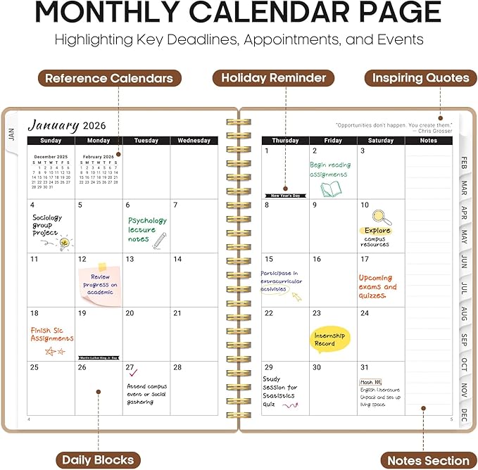 2026 Planner, Weekly and Monthly Calender Planner, Jan 2026 to Dec 2026, Hardcover 2026 Calendar Planner Book with Tabs & Inner Pocket, Office Home School Supplies for Women & Men - A4 (8.5" x 11"), Oat Brown