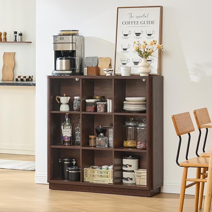 9 Cube Bookshelf, 41" Tall Organizer Bookcase with Curved Edge, Wood Floor Standing 3-Tier Cubby Book Shelf with Base, Vinatge Display Storage Cabinet for Living Room, Home Office, Walnut