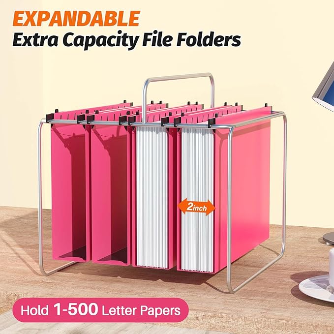 Extra Capacity Plastic Hanging File Folders,12 Pack Reinforced Hang Folders,Heavy Duty 2 Inch Expansion,Plastic Filing Cabinet Folders,Letter Size,Designed for Bulk Files, Medical Charts,Pink