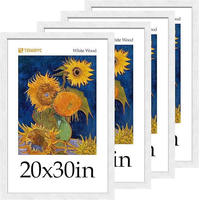 20x30 Poster Frame 4 Pack - White Solid Wood Picture Photo Frame - Woodgrain Series - Room, Office, Gallery, Studio Display - Wall Hanging