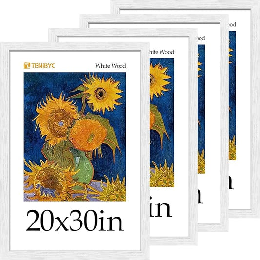 20x30 Poster Frame 4 Pack - White Solid Wood Picture Photo Frame - Woodgrain Series - Room, Office, Gallery, Studio Display - Wall Hanging