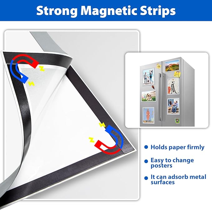 20 Pack Magnetic Sign Holder 8.5 x 11, Self-Adhesive Magnetic Picture Frame & Document Holder for Wall, Door, Fridge, Glass - Double-Sided Magnetic Frame for Poster & Paper Display (Silver)