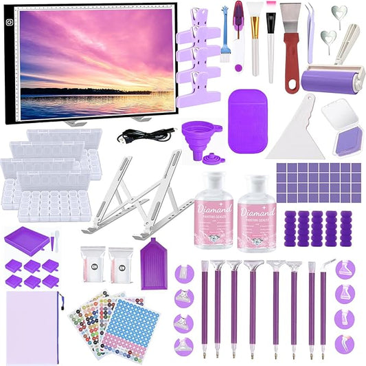 NLXCXUCY 244Pcs Diamond Art Accessories Kit All-Inclusive Diamond Painting Tool Set with A3 Diamond Painting Light Pad,Diamond Art Sealer Glue, Diamond Correction Pens, Storage Box for DIY Craft
