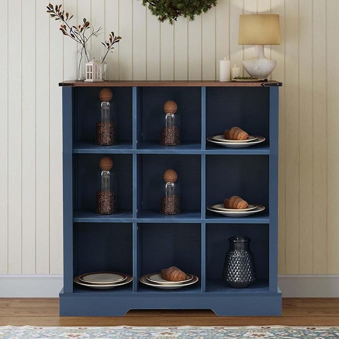 9 Cube Storage Organizer, 3 Tier Bookshelf for Living Room, Farmhouse Bookcase with Led, Kids Toy Storage Cabinet, Wall Cubby Shelves for Home Decor, Wood Display Cabinet for Bedroom, Blue