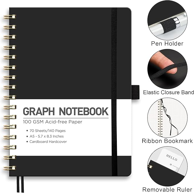 RETTACY Graph Grid Paper Notebook, 140 Pages, A5 Medium Size (5.7'' x 8.3''), 5 Squares per Inch, Hardcover, 100 GSM Thick Paper, for School, Students, Math, Engineering (Black)