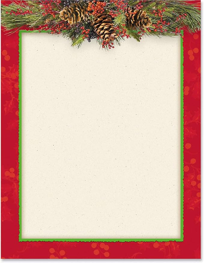PaperDirect Christmas Pine Bough Holiday Elegance Border Paper, 8.5x11 Festive Stationery with Pinecones, Berries, Red and Green Borders for Cards, Scrapbooks, Invites, Seasonal Projects, 100 Sheets