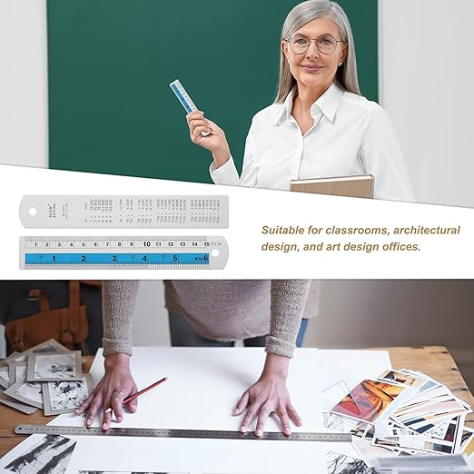 HARFINGTON 6pcs Metal Straight Ruler 15cm Metric SAE Aluminum Alloy Measuring Rulers Scale Tools with Hole for Measure Study Reading Classroom Office, Blue