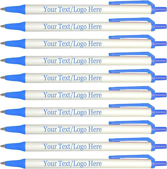 Personalized Click Stick Pens With your Custom Logo or Text-300 Pack Bulk-for Businesses, Parties, and Events, Custom Printed Retractable Slim Ballpoint Pens, Light Blue, Black Ink