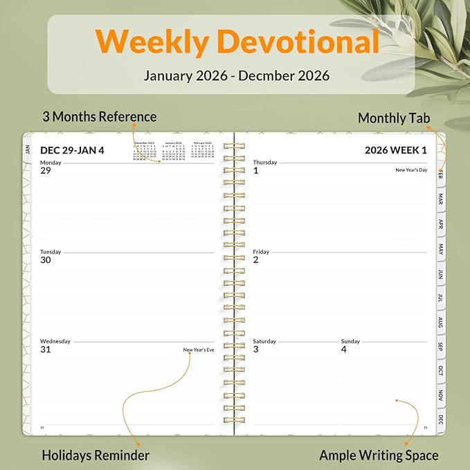 SUNEE Planner 2026 Weekly and Monthly, January 2026-December 2026, 6.4"x8.3", Tabs, Note Pages,Spiral Binding, Eucalyptus