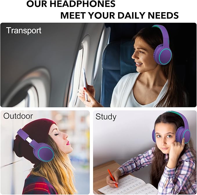 RORSOU B10 Bluetooth Headphones Over Ear, 2 EQ Music Modes(Normal/Bass) and 50H Playtime Wireless Headphones with Mic, Lightweight Folding HiFi Stereo Headset for iPad/Travel/Tablet/PC/Home (Purple)