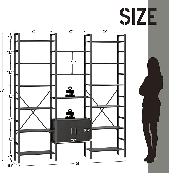 70x78 “ Triple 6 Tier Book Shelf, Industrial Large Bookcase with Storage Cabinet, Tall Bookshelf with 16 Open Display Shelves Metal Frame Furniture for Living Room Bedroom Home Office Black