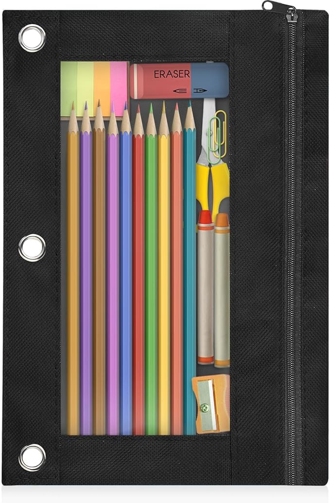 Shemira Pencil Pouch for 3 Ring Binder, Binder Pencil Pouch with Smooth Zipper, Clear Window Pencil Case for Binder, Zipper Pencil Pouches, Big Capacity 3 Ring Binder Pencil Bag, Black