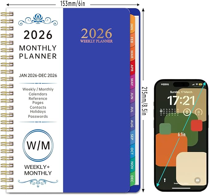 2026 Planner Weekly and Monthly, 2026 Academic Year (January 2026 - December 2026) Calendar wirh Tabs, Agenda Book for School Student, Teachers, Office Supplies,Home, 6" x 8.5" (Blue JAN2026-DEC2026)