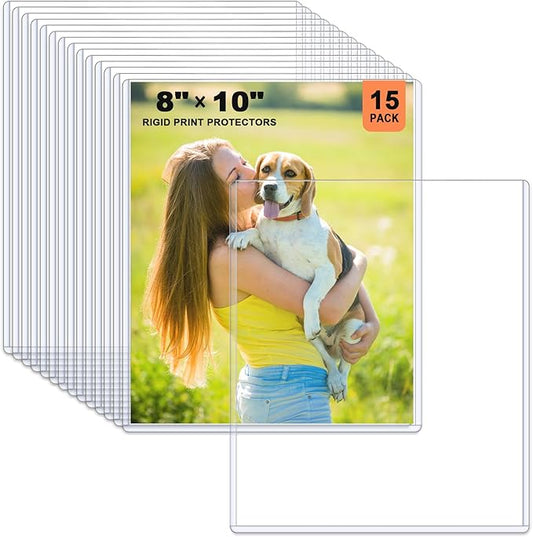 Ndsox 15 Pack 8" x 10" Rigid Print Protectors Clear Hard Plastic Sheet Protectors Top Loading for Photographs, Photo Papers, Posters, Prints, Birth Certificates, Heavy Duty No-Hole Rigid Photo Sleeves