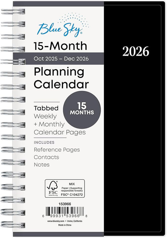Blue Sky 2026 15-Month Weekly and Monthly Mini Planner Calendar, Includes October 2025 - December 2026, 3.625" x 6.125", Flexible Cover, Wirebound, Laminated Tabs, Enterprise