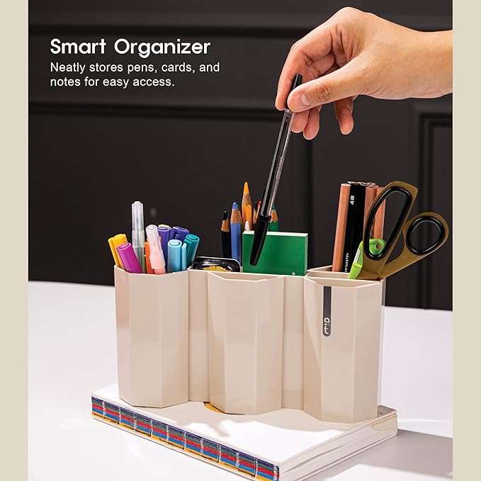 AonT Design Small Desk Organizer - Beige Pen Tray & Holder (Multi-Compartment) (Made in Korea) – Modern Office Storage Supplies Organizer and Aesthetic Decor for Accessories