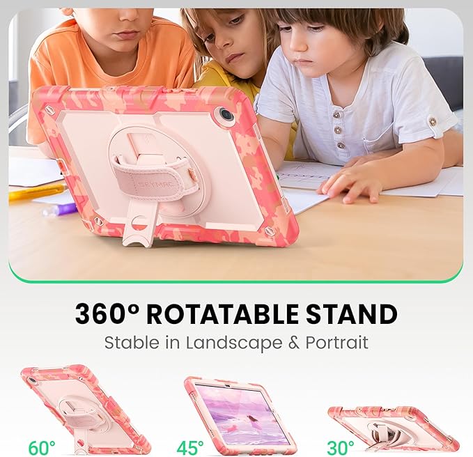 SEYMAC Case for Samsung Galaxy Tab A9+/ A9 Plus 11" (SM-X210/X216/X218), Heavy Duty Shockproof Protective Case with Screen Protector, Rotating Stand, Hand/Shoulder Strap, Multicolor/Pink