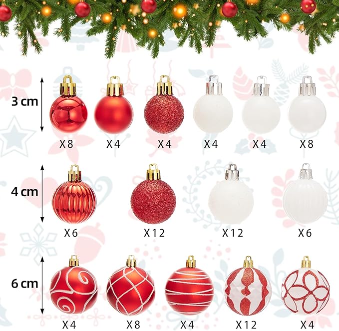 100Pcs Elegant Christmas Balls Set Christmas Tree Ornaments with Glitter and Patterns Bulk Ornaments for Tree as Festive Christmas Decor Xmas Ball Set Red White
