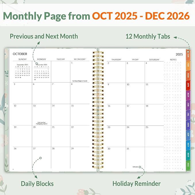 SUNEE 2026 Weekly and Monthly Planner - January 2026-December 2026, 8.5"x11" Half Weekly Half Note, Daily Agenda Planner with PVC Waterproof Cover, Monthly Tab, Note, Pockets, Bookmark, Wildflowers