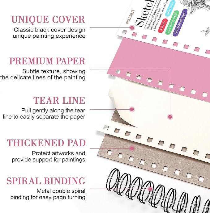 Sketch Book with 12 Color Pencil Set, 90 Sheets Spiral Sketchbook for Drawing (68lb/100gsm), Acid-Free Sketch Pad for Kids Artist, Art Paper Drawing Supplies for Gifts(Pink)