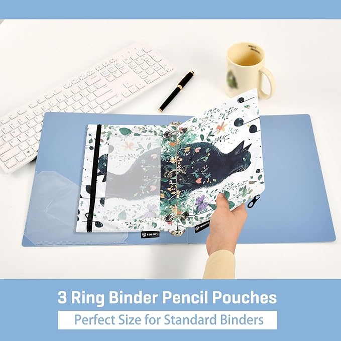 ZAZYXTJ Cat Binder Pencil Pouchs 3 Ring with Zipper Clear Window Office Organizers bag for School Students Teacher Supplies 2 Pack