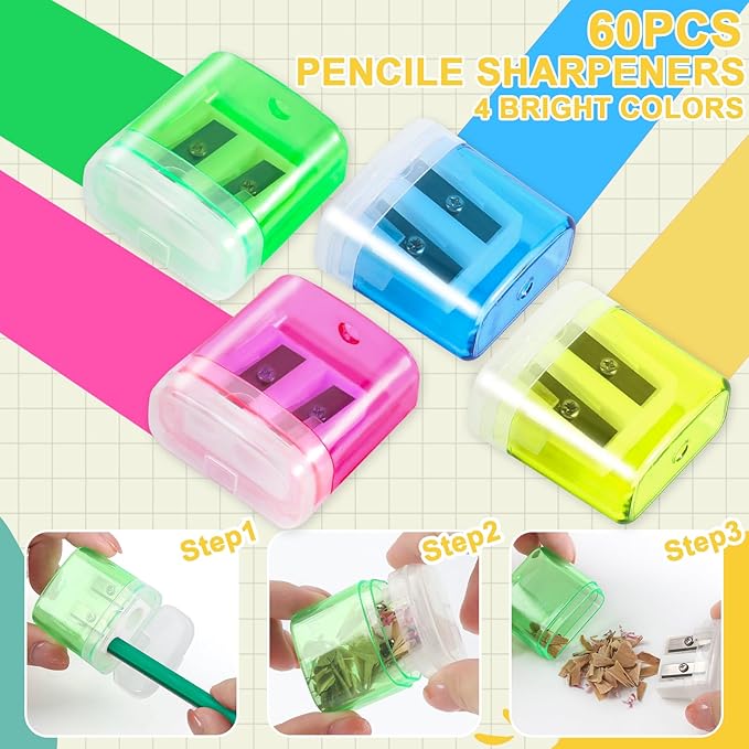 60 Piece Pencil Sharpener Bulk, Manual Dual Holes Pencil Sharpeners for Kids, 4 Colorful Handheld Pencil Sharpeners with Lid Portable Compact for School Supplies Classroom Office Students Home