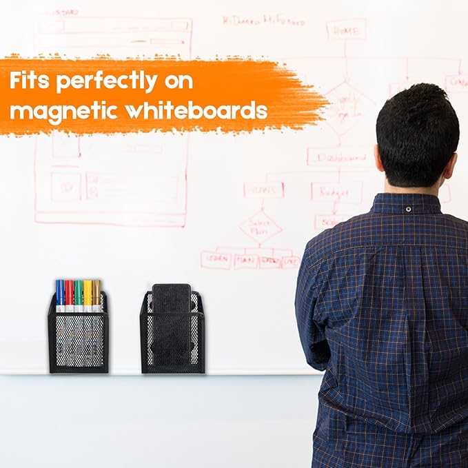 Ameceres Magnetic Pencil Holder - Extra Strong Magnets Mesh Marker Holder Perfect for Whiteboard, Refrigerator and Locker Accessories (1 Basket, 2 Packs Black)
